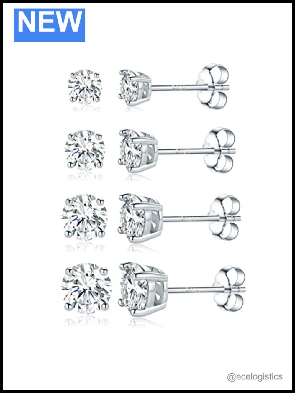 S925 Sterling Silver Moissanite Stud Earrings Set 4 Prong Push Back